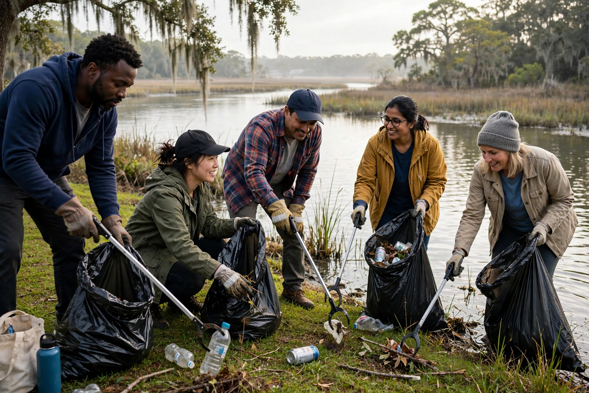 Community volunteers with gloves, grabbers, and trash bags cleaning along a bayou shoreline